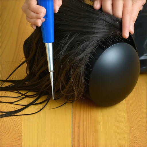 Removing hair from a tangled vacuum brush roll Hands cutting away hair and debris from a vacuum cleaner brush roll to fix a burning smell and improve suction.