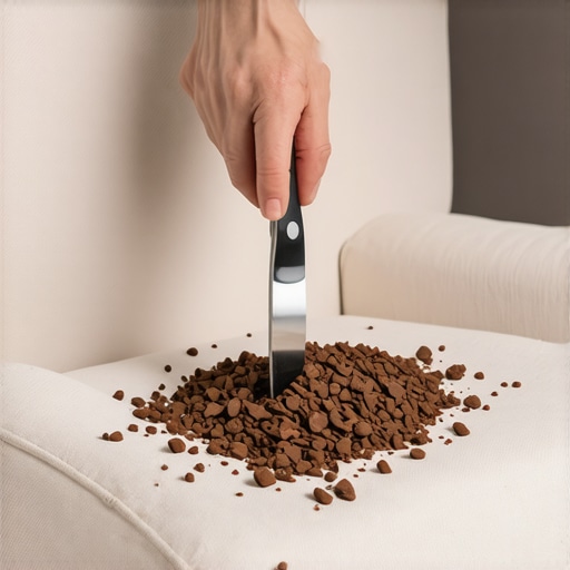 Removing hardened chocolate from upholstery A person using a dull knife to lift solid chocolate residue from a cream chair.
