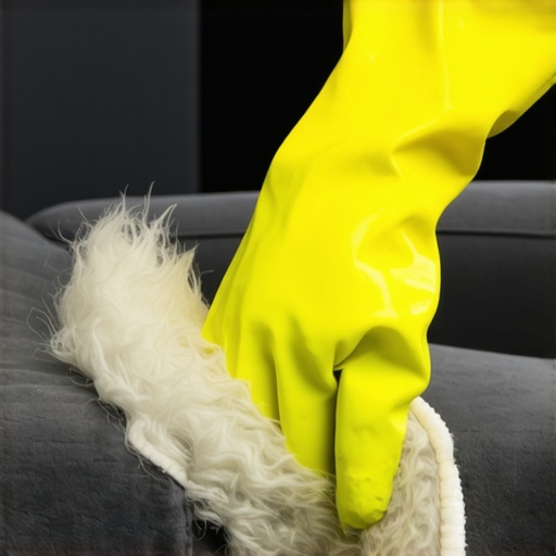 Removing pet hair with a rubber glove A person using a yellow rubber glove to lift pet hair from a grey suede sofa.
