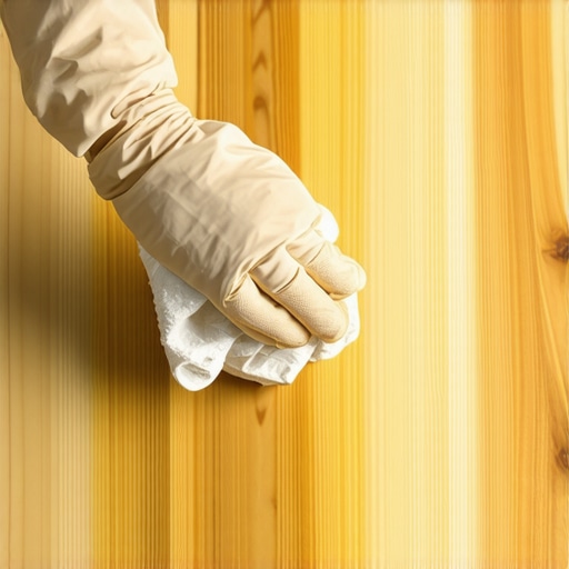 Removing wood floor wax with mineral spirits Close up of cleaning wax buildup from hardwood floors using a cloth and solvent.