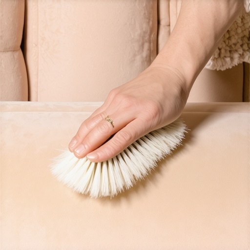A person using a soft brush on a velvet couch to restore the texture and shine of the fabric.