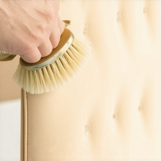 Restoring suede texture with a brush Person using a suede brush on a fabric headboard