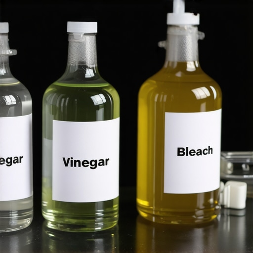 Safe Cleaning Setup with Separate Bottles A safe kitchen cleaning setup with isolated bottles of vinegar and bleach on a clean counter.