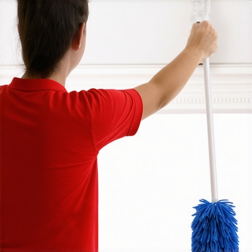 Safe High Reach Dusting Technique Cleaning high ceilings and crown molding using a telescoping pole and microfiber tool.