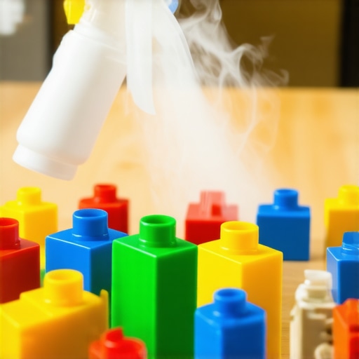 Safe Toy Sanitizing with Fine Mist Spray A continuous fine-mist spray bottle sanitizing plastic toys naturally