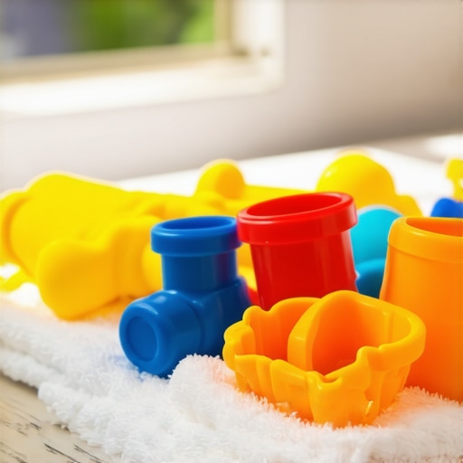 Safe and natural air drying method for sanitized plastic toys Colorful plastic kids toys air drying on a clean towel in natural sunlight