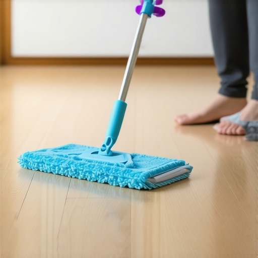 Safe mopping technique for laminate floors A person cleaning laminate flooring with a microfiber mop and spray bottle.