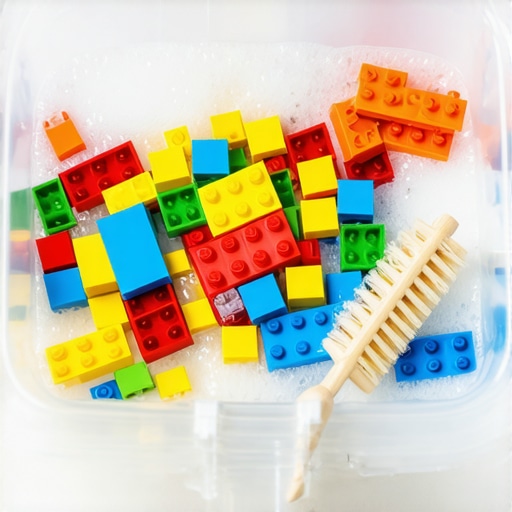 Safe soaking method for plastic toys Colorful plastic building blocks in a soapy water basin for sanitizing