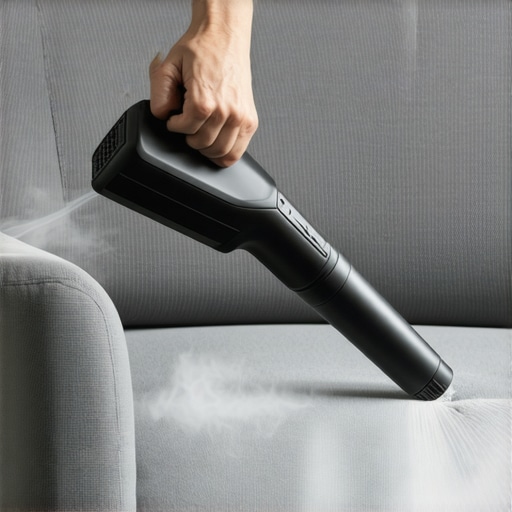 A person using a low-moisture steam cleaner to sanitize a fabric armchair safely.