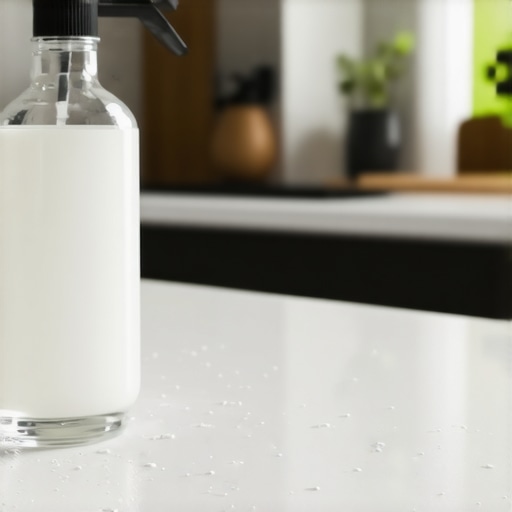 A spray bottle and disinfectant liquid sitting on a kitchen counter to show proper dwell time.