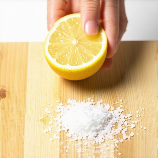 Sanitizing Cutting Boards Naturally A person using lemon and salt to sanitize a wooden cutting board.
