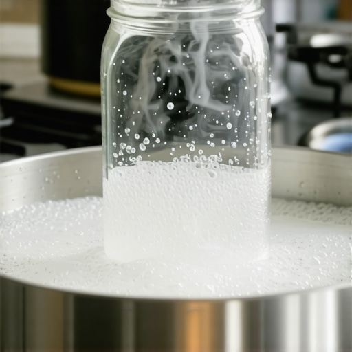 Sanitizing Glass Jars with Boiling Water A person sanitizing upcycled glass jars in a pot of boiling water to ensure they are germ-free.