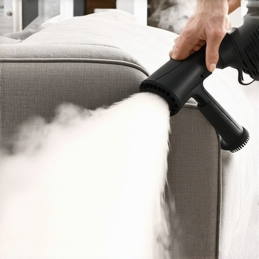 Sanitizing Upholstery with Steam Dwell Time A close-up of a steam cleaner being used on a sofa fabric to demonstrate sanitization