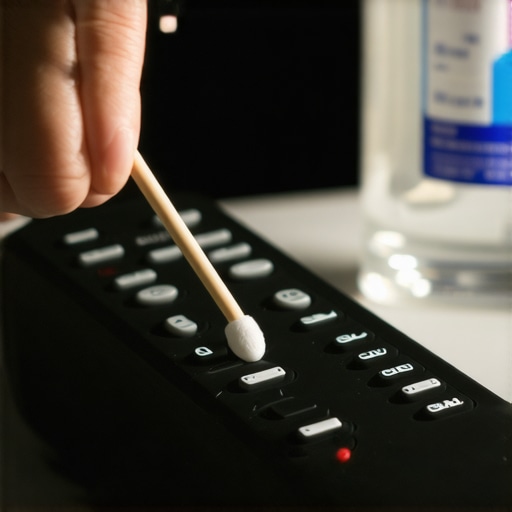 Close-up of cleaning a television remote control using a cotton swab and isopropyl alcohol