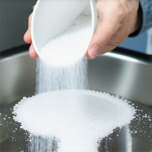 A close-up of a person adding citric acid crystals to a washing machine drum for deep cleaning.