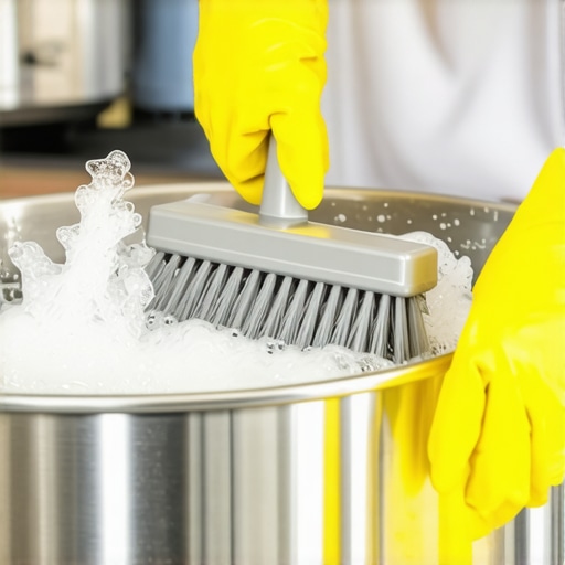 Sanitizing a kitchen trash can with a scrub brush A person deep cleaning a kitchen bin with soapy water and a long brush