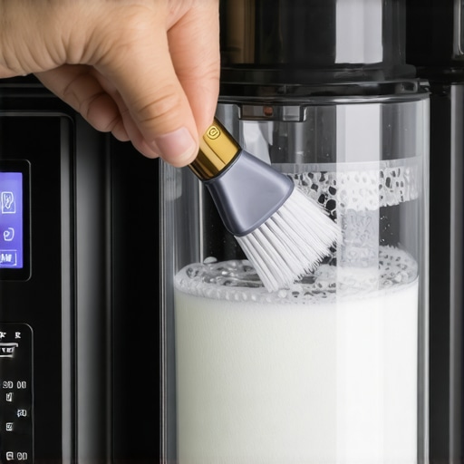 Cleaning the water reservoir of a coffee maker using a soft brush and vinegar solution to remove slime.