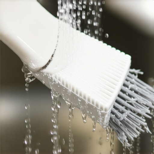 A person cleaning a clogged dishwasher filter with a scrub brush and soapy water.