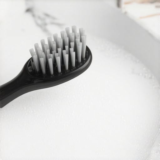 Close up of a person using a toothbrush to clean the base of a hairbrush in soapy water.
