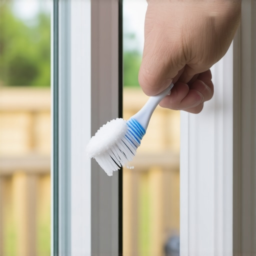 Scrubbing sliding door tracks with a toothbrush Cleaning door tracks with baking soda and a brush