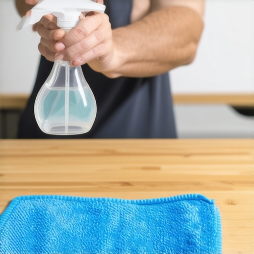 Close up of person spraying cleaning product onto a microfiber cloth to clean a kitchen counter