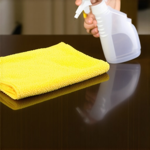 Spray the Cloth Not the Wood Close up of correct cleaning technique spraying a cloth rather than the furniture surface directly.