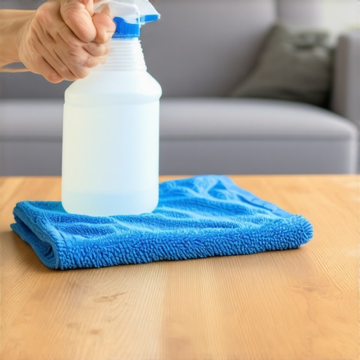 Professional house cleaning technique showing disinfectant spray applied to a microfiber cloth.
