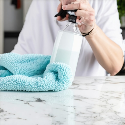 Spray the cloth not the surface Close up of cleaning product being applied to a microfiber cloth for controlled cleaning.