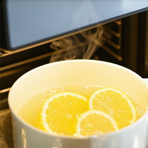 A bowl of steaming lemon water inside a toaster oven to loosen grease