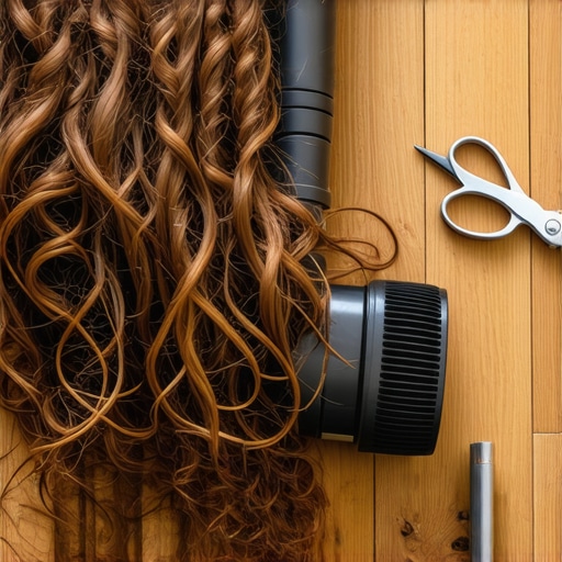 Close up of hair and thread wrapped around a vacuum brush roll being cut with scissors