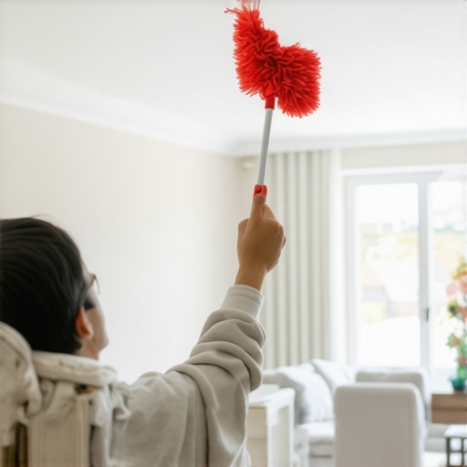 Telescoping Microfiber Duster in Action A long-reach microfiber cleaning tool being used to dust high crown molding in a modern home.