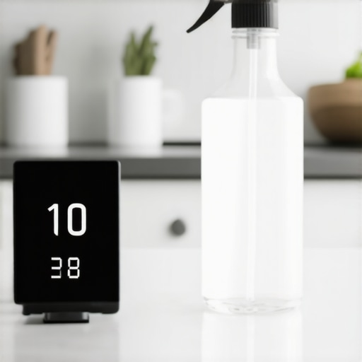 The 10-Minute Dwell Time Rule for Sanitizing Kitchen counter with cleaning spray and a timer showing 10 minutes to demonstrate proper sanitization dwell time.