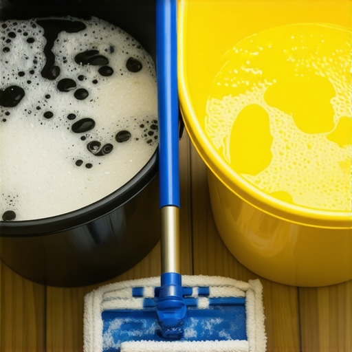 The Essential Two-Bucket Mopping Setup Two buckets on a clean floor showing the difference between cleaning solution and rinse water.
