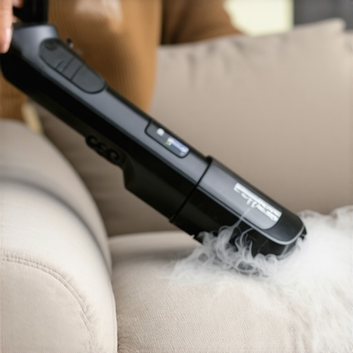 Close up of a steam cleaner causing a water mark on a fabric couch.