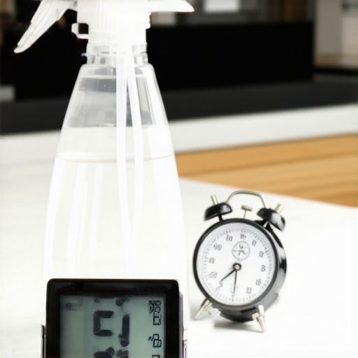 The Importance of Disinfectant Dwell Time Close-up of a cleaning spray and a digital stopwatch on a kitchen counter.