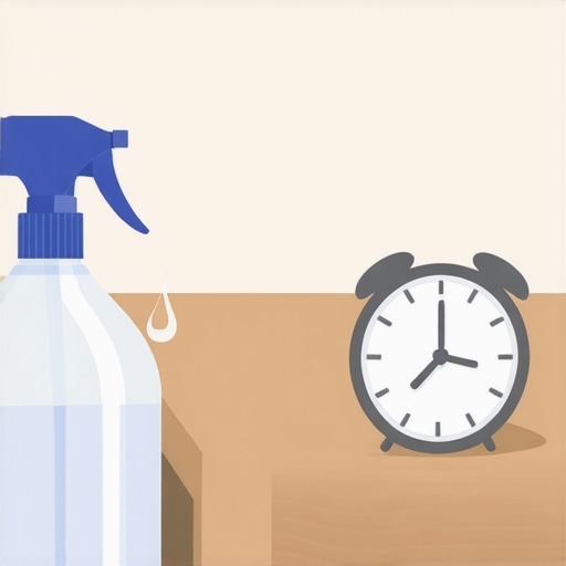 The Importance of Disinfectant Dwell Time A spray bottle and liquid on a guest room surface illustrating proper sanitization wait times.