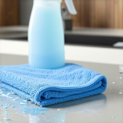 The Importance of Dwell Time in Sanitizing Microfiber cloth and disinfectant on a kitchen counter showing proper wet contact time for germ killing.