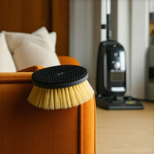 The Power of a Natural Horsehair Brush for Upholstery A natural horsehair brush being used to agitate dust on a velvet sofa.
