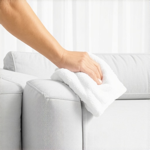 The Proper Blotting Technique for Upholstery Microfiber cloth blotting a stain on a linen couch to prevent over-saturation.