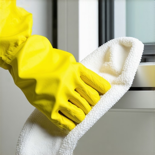 Microfiber cloth cleaning a window track showing the difference between dirty and clean.