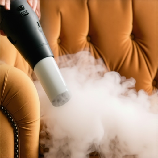 The Risks of Using Steam on Delicate Upholstery A person cleaning a velvet couch with a handheld steam cleaner, illustrating potential fabric damage.