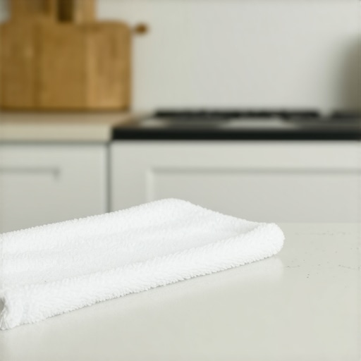 Close up of a damp microfiber cloth on a kitchen counter illustrating proper sanitization techniques.