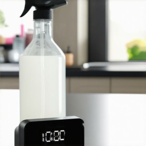 A kitchen counter with a spray bottle and a timer showing 10 minutes for proper disinfection.