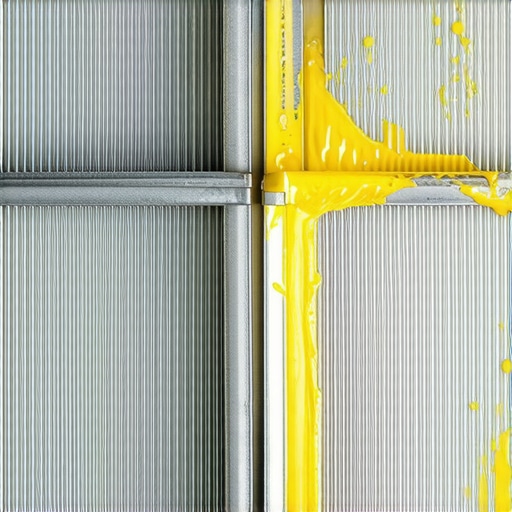 The difference between a clean and grease-polymerized filter A metal range hood filter showing the contrast between clean silver mesh and yellow grease buildup