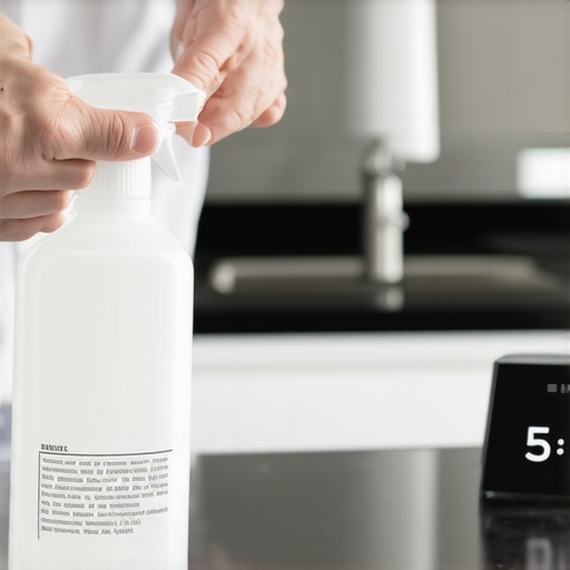 A hand spraying a counter with a timer emphasizing cleaning dwell time for sanitization
