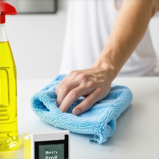 Cleaning a kitchen counter with a timer to show disinfectant dwell time