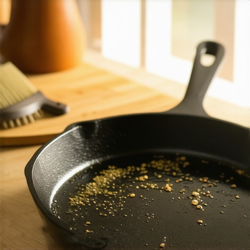 The perfect sheen of a seasoned cast iron skillet Close-up of a seasoned cast iron pan with a light layer of oil
