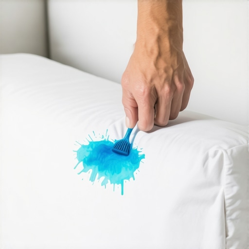 Close-up of white cloth blotting ink from a white sofa cushion