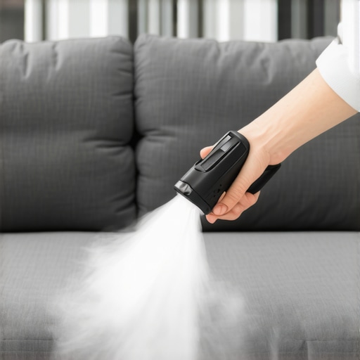 Close up of a steam cleaner and microfiber sofa fabric highlighting heat safety.