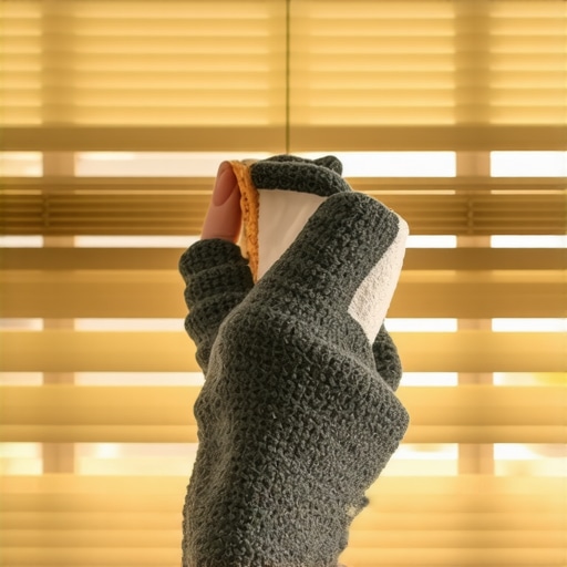 Hand wearing a sock cleaning window blinds slats